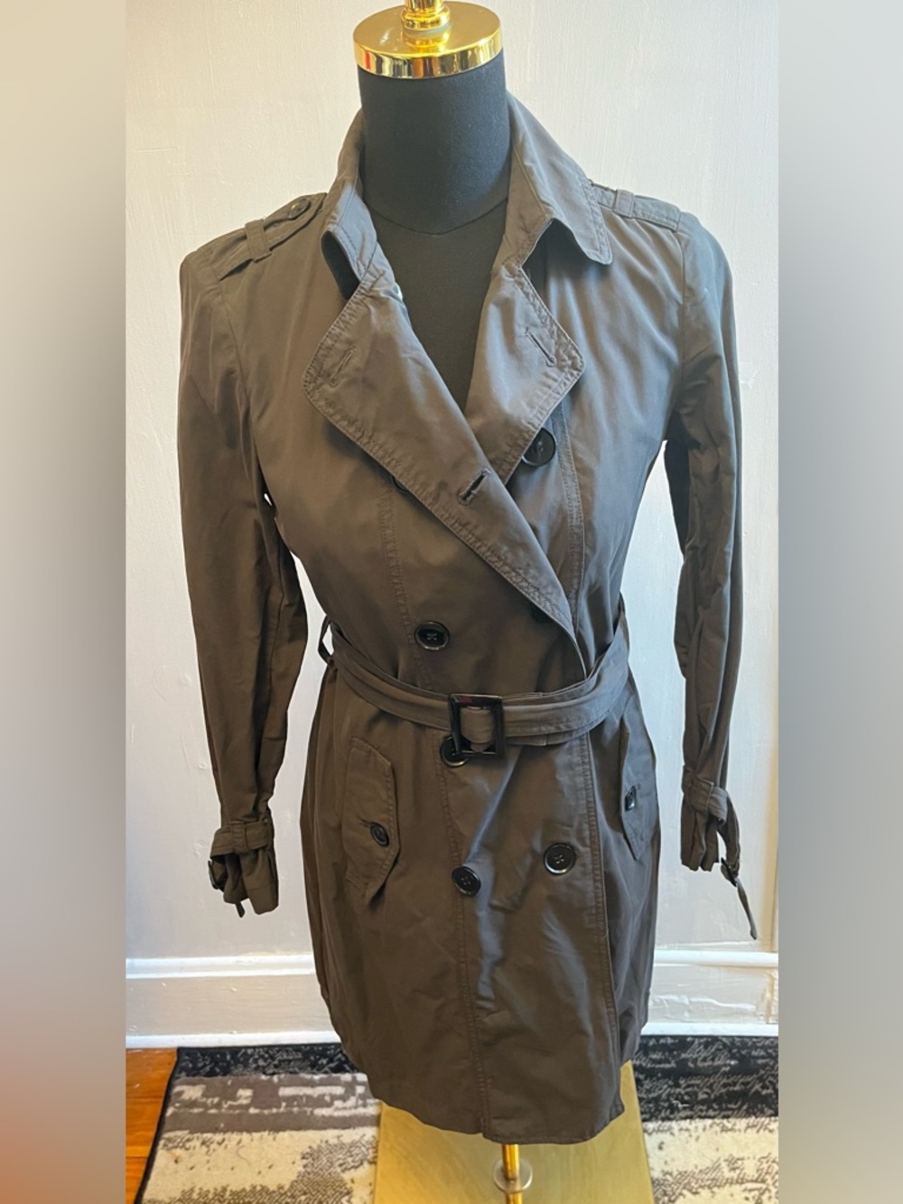 Gap Women’s Short Trench Coat. Classic Style Button Belt Green Size Small - Picture 12 of 13